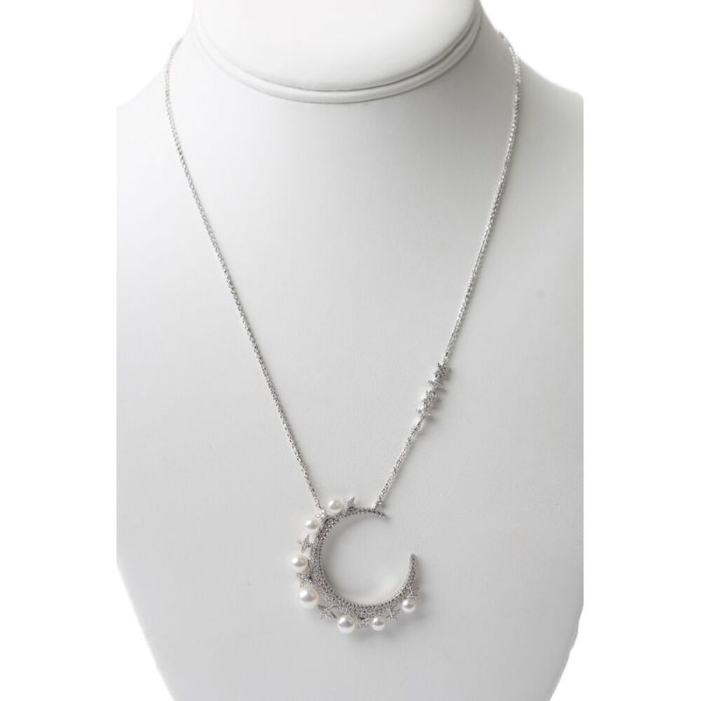 APM Monaco Womens 925 Silver Cubic Zirconia+Pearl Moon Pendant Necklace 25"